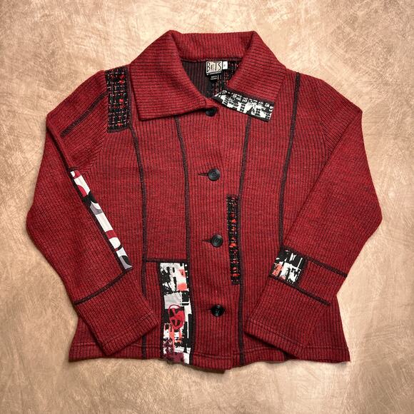 Vintage 90s Bets by Canvasback Patchwork Knit Jacket Red Abstract Geometric Punk - Picture 1 of 7